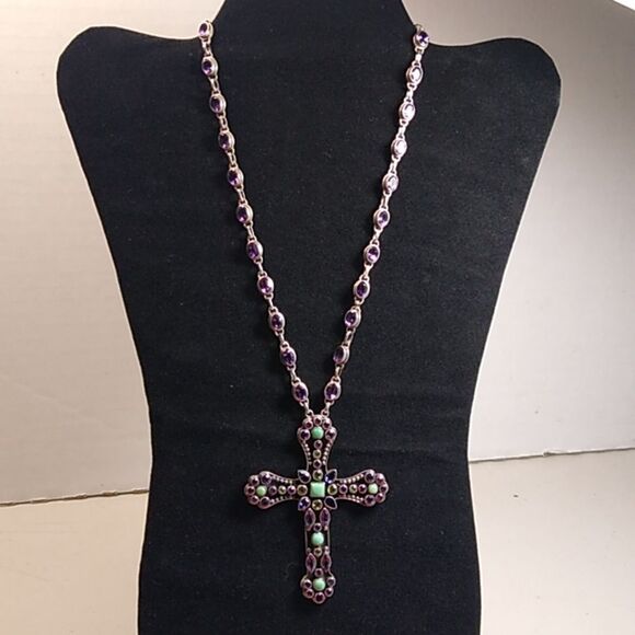 Vintage Faceted Amethyst Garnet Peridot Sterling Silver Cross/Chain & Turquoise - Picture 2 of 12